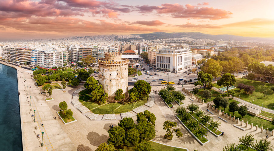 Aerial view of Thessaloniki's iconic White Tower, a key landmark in Macedonia, showcasing Greece's travel attractions