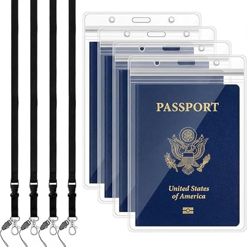 Four waterproof passport holders with lanyards, displayed in a pack, ideal for travel and organization.