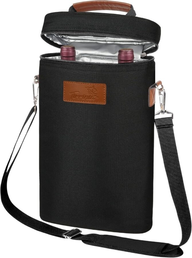 Black Tirrinia 2-Bottle Wine Tote with two wine bottles inside, designed for stylish and convenient transport.
