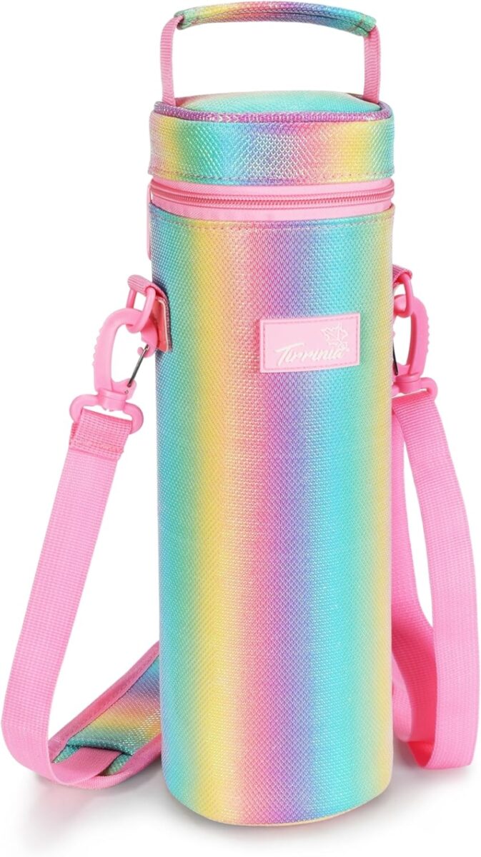 Rainbow-colored insulated wine tote bag by Tirrinia, designed for stylish and functional wine transport.
