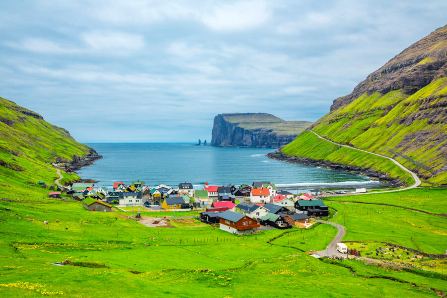 Scenic view of Tjornuvik, a picturesque town on the north coast of Streymoy in the Faroe Islands, Denmark.