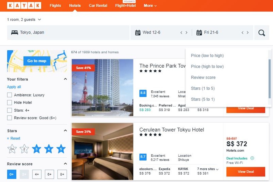 Tokyo hotel search on Kayak, featuring The Prince Park Tower and Cerulean Tower Tokyu Hotel.