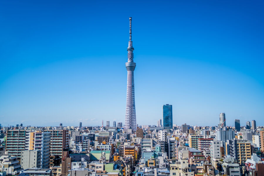 Panoramic view of Tokyo Skytree from Kinshicho, emphasizing its prominence in the Shitamachi skyline
