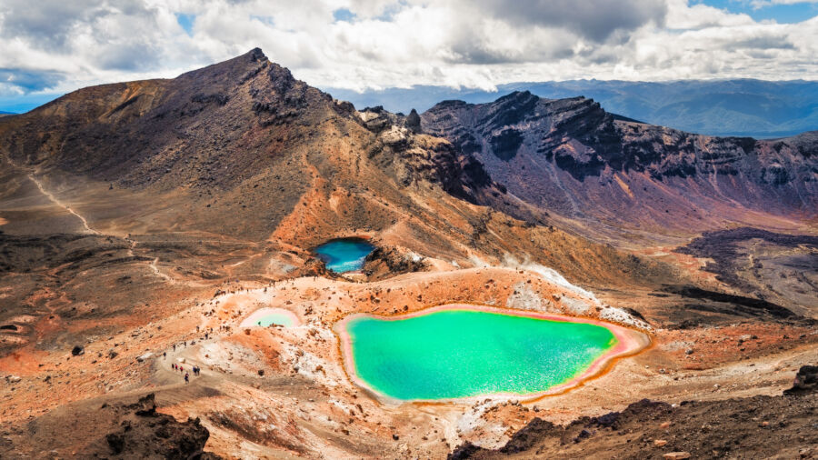 Panoramic view of Tongariro National Park showcasing the vibrant Emerald Lakes amidst a stunning volcanic landscape