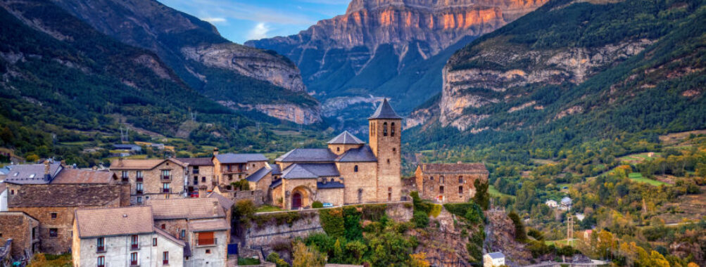 Torla-Ordesa at sunset and the Ordesa & Monte Perdido National Park in pyrenees Spain