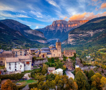 Torla-Ordesa at sunset and the Ordesa & Monte Perdido National Park in pyrenees Spain