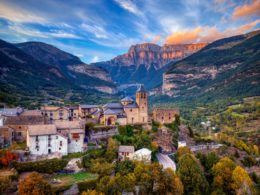Torla-Ordesa at sunset and the Ordesa & Monte Perdido National Park in pyrenees Spain