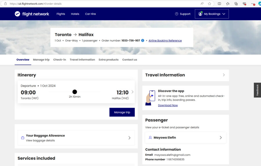 Toronto to Halifax flight itinerary on Flight Network with detailed travel and passenger information.