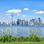 Toronto skyline with CN Tower, lake, and vibrant flowers on a clear, sunny day.