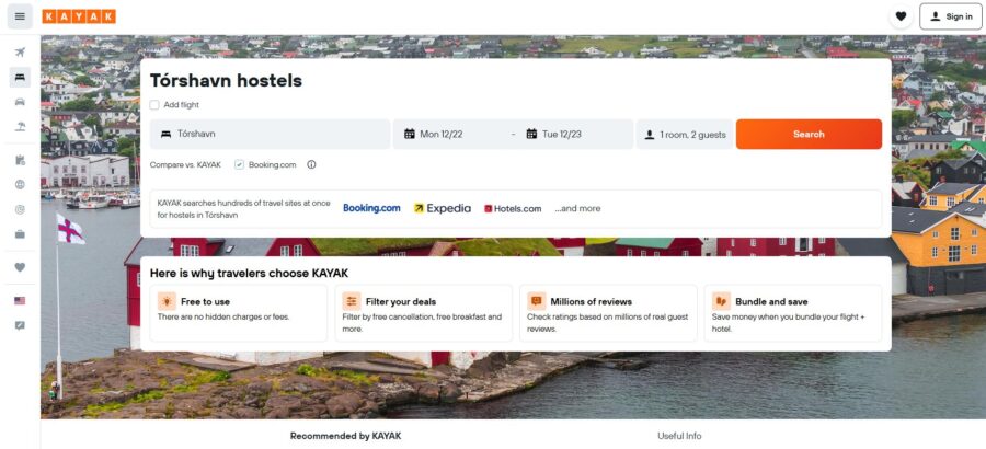 Travel site screenshot for Tatran Hotels, highlighting Tórshavn Hostels and kayak rental services.