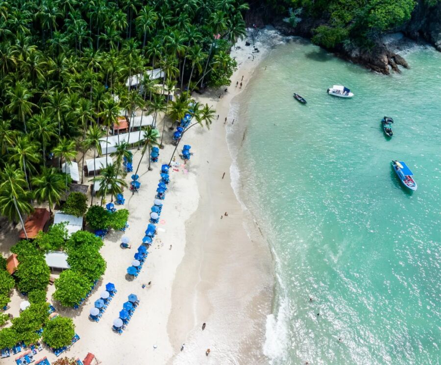 Tortuga aerial view of a tropical beach with turquoise water, lined with palm trees and blue umbrellas. Boats float near the shore, creating a serene vibe.
