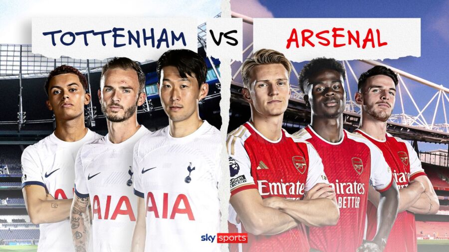Tottenham vs Arsenal: North London Derby highlights rivalry in vibrant football graphic.