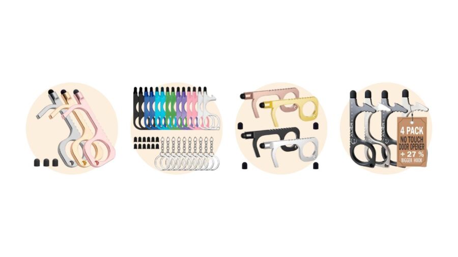 Different types of scissors arranged together, with touchless door opener keychains for travel included in the display.
