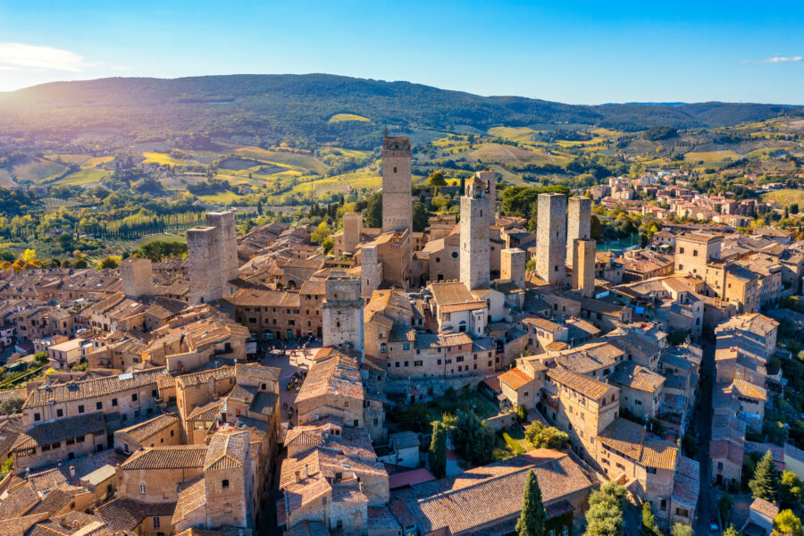 Aerial view of San Gimignano, Tuscany, showcasing its iconic medieval towers and UNESCO World Heritage Site status