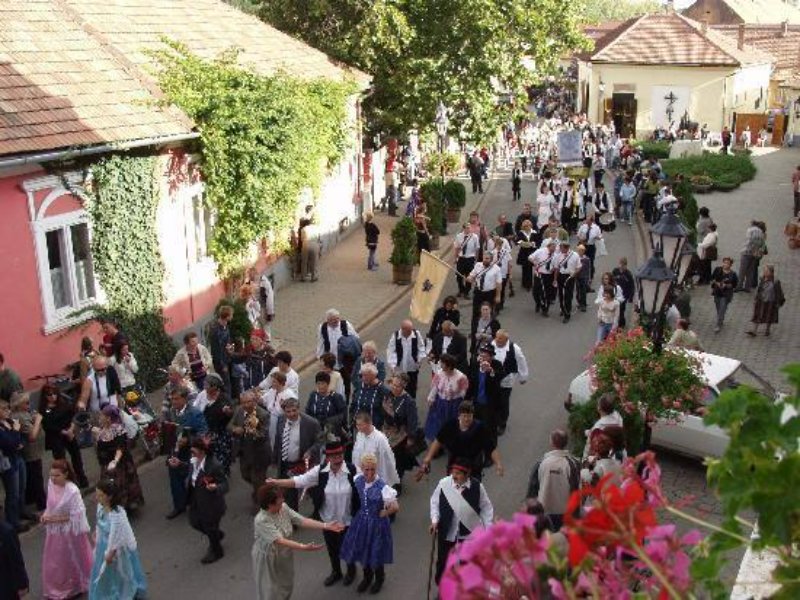 Tokaj summer harvest festival parade with traditional costumes down historic town street.