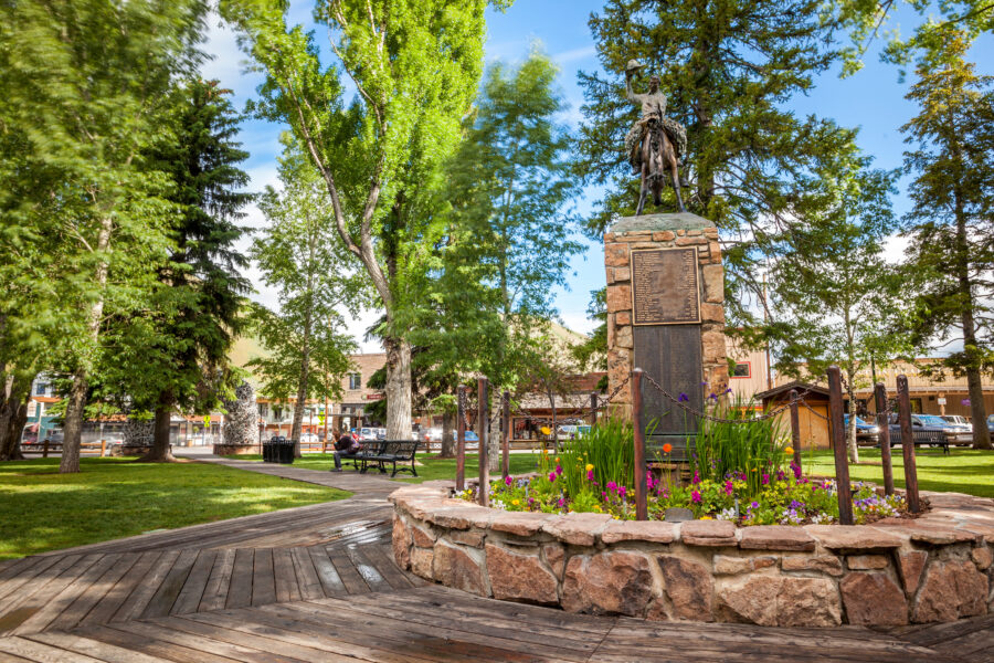 Town Square in Jackson Hole features a central park with iconic elk antler arches and surrounding shops and restaurants