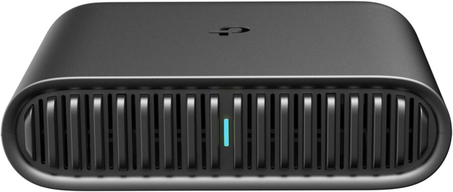 Portable external hard drive with a blue light, alongside a TP-Link Travel AX1500 Wi-Fi 6 Router.