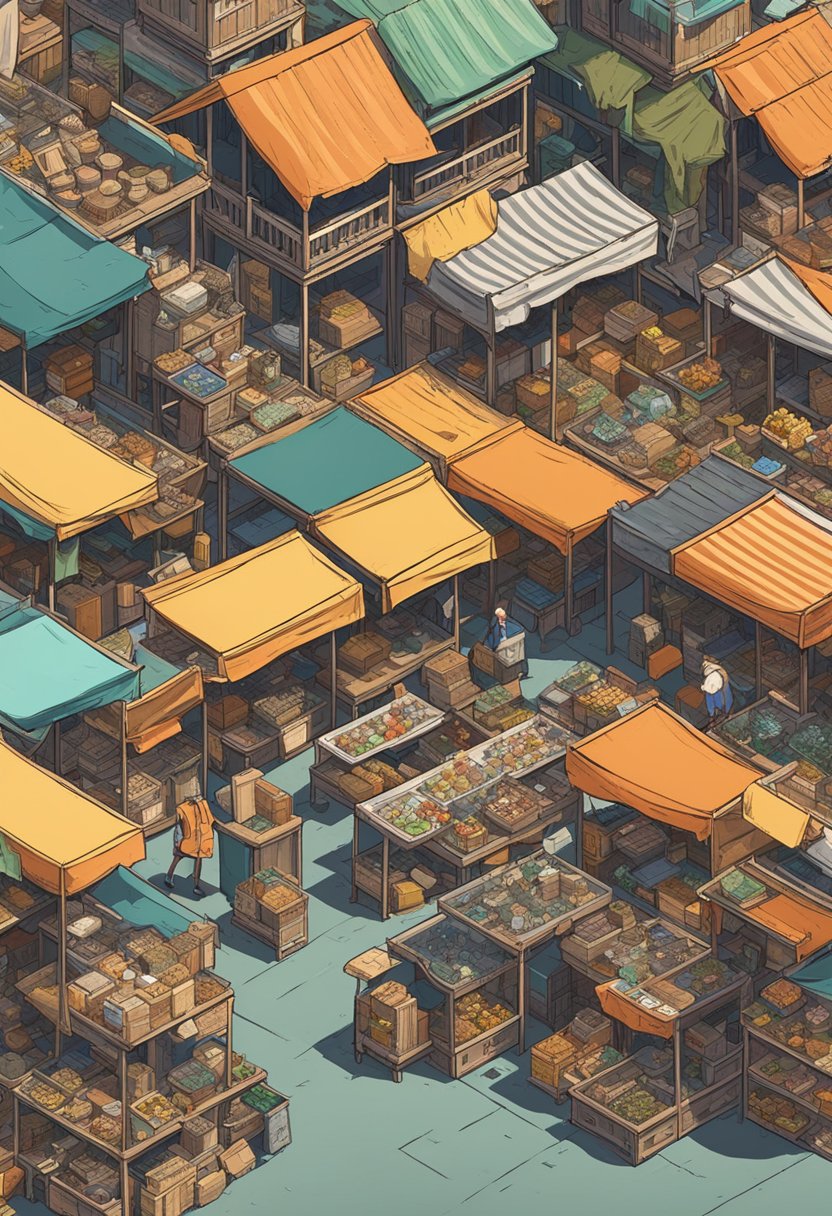 A dilapidated street market with rusty stalls and tattered awnings, surrounded by crumbling buildings and littered with discarded items