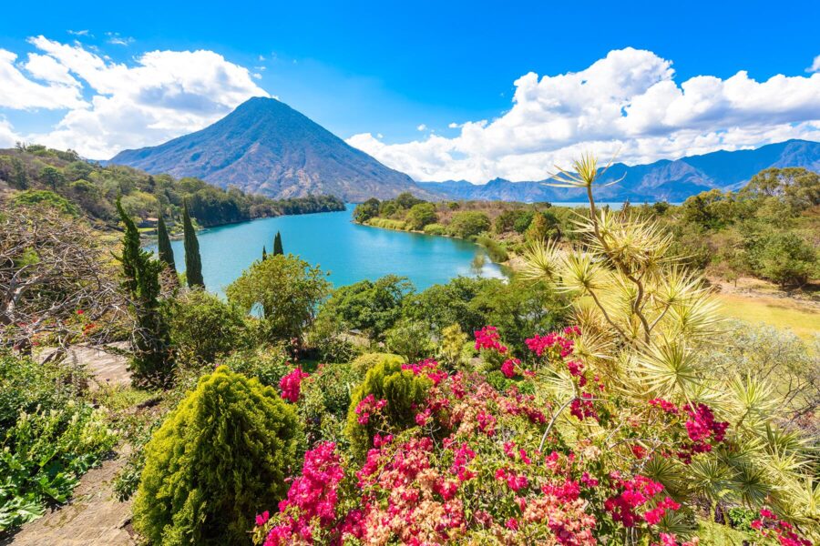 Serene landscape of Lake Atitlán, Guatemala with flowers, trees, and a majestic mountain backdrop.