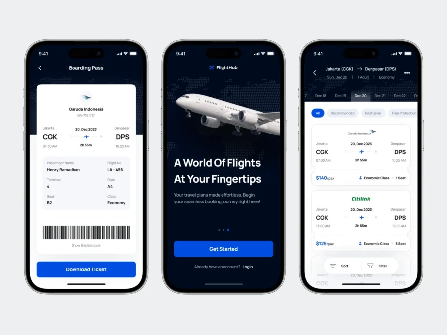 Flight booking app interface showcasing boarding pass, flight options, and user-friendly design.