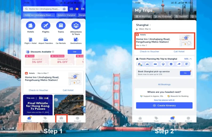 Travel app screens: plan trips, book hotels, view itineraries, manage bookings.