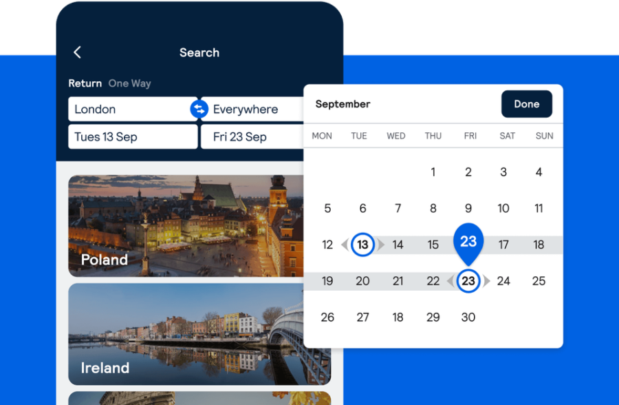 Flight search interface: flexible destinations, date selection, inspiring destination images.