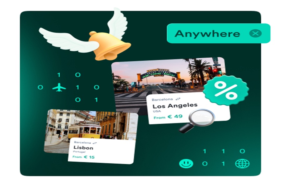 Travel booking interface with flight deals for Los Angeles and Lisbon, notifications, and icons.