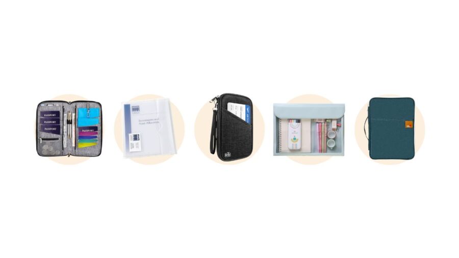 Display of travel document organizers and accessories designed for streamlined packing and easy access during travel.