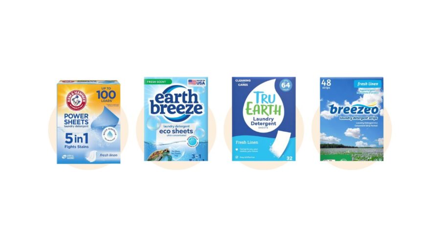 Four laundry detergent packages are displayed. From left to right: Power Sheets, Earth Breeze, Tru Earth, and Breezeo, each promising freshness and eco-friendliness.