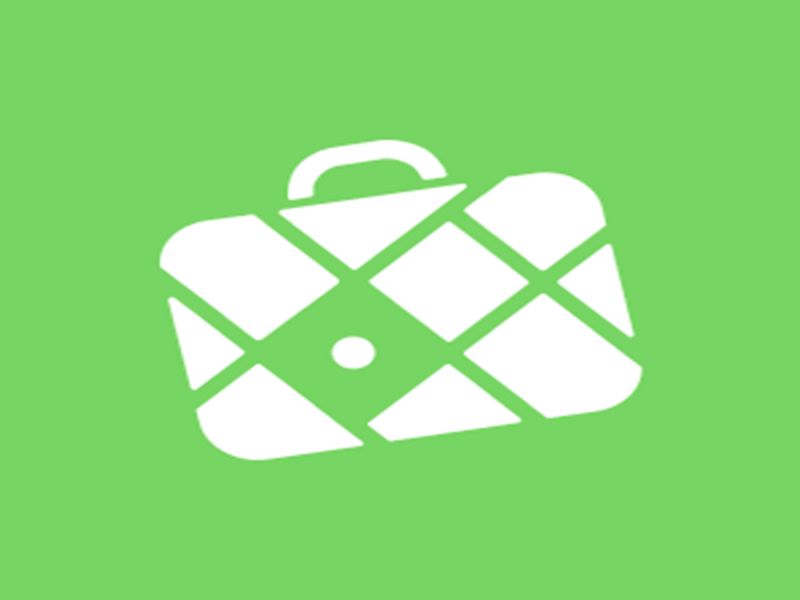 Minimalistic white suitcase icon on a vibrant green background, symbolizing travel and adventure.