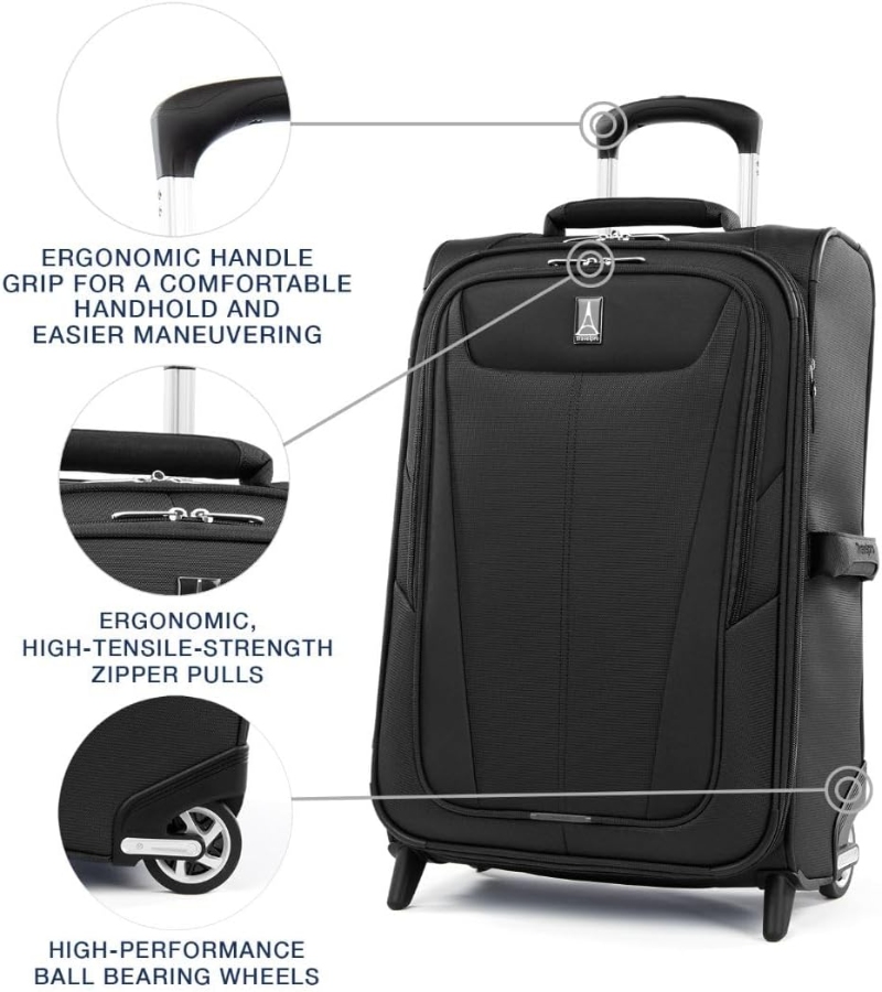 Black Travelpro Maxlite 5 carry-on luggage with wheels, featuring expandable softside design for convenient travel.