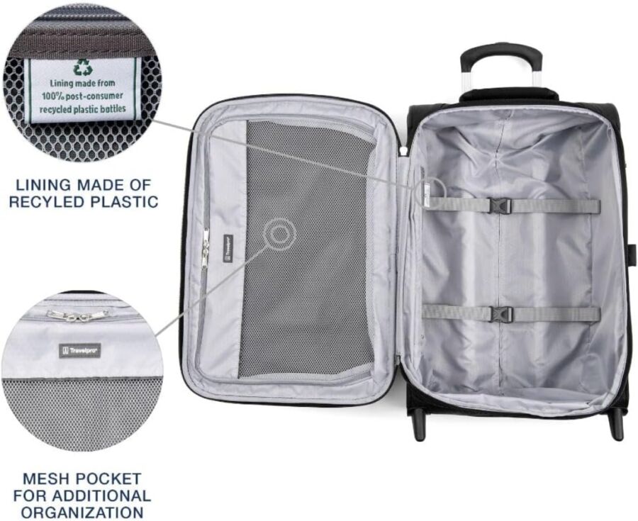 Interior view of a Travelpro Maxlite 5 suitcase, showcasing organized items and a visible luggage label.