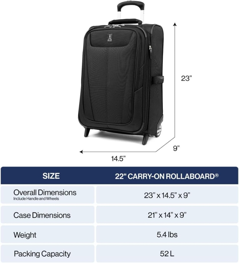 Travelpro Maxlite 5 carry-on luggage, showcasing its size and weight specifications for easy travel.