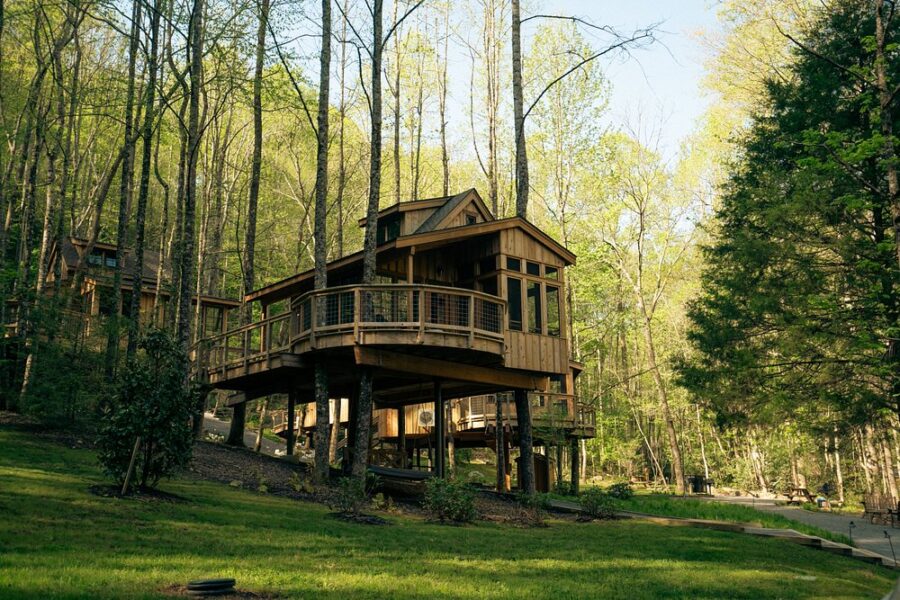 Charming tree house with a deck set in the woods at Treehouse Grove, Gatlinburg, offering a serene natural escape.