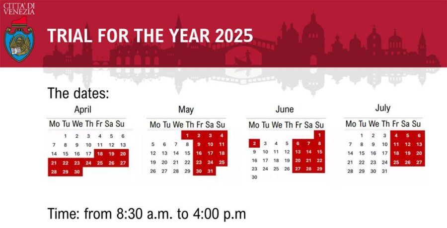 Venice 2025 trial schedule: detailed monthly calendar, trial dates highlighted.