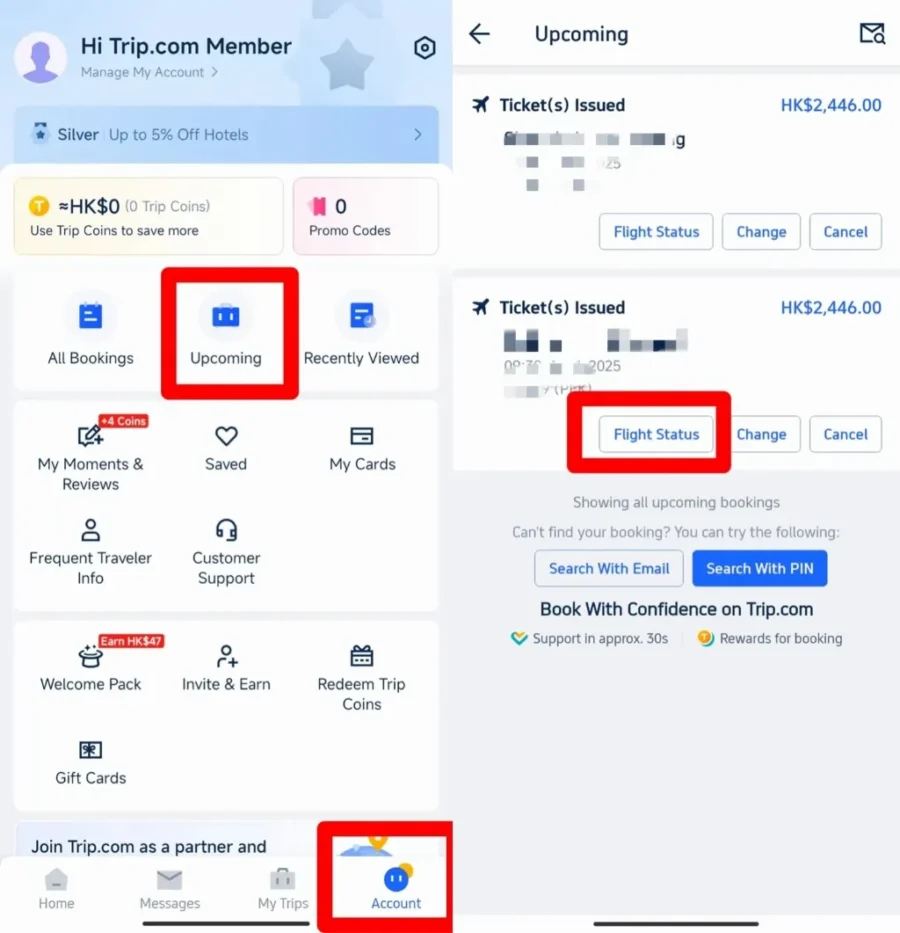 Trip.com app interface showing member management, travel bookings, savings, and rewards features.