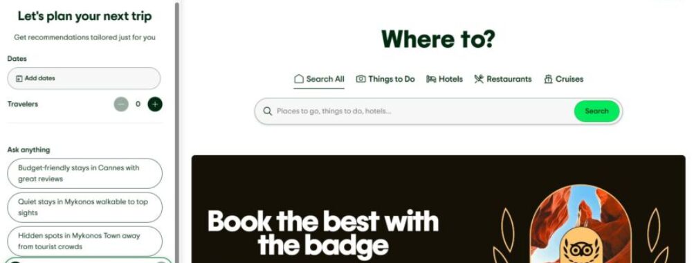 Tripadvisor webpage showing a planning tool with options for dates and travelers on the left. The main search section asks "Where to?" with various search options and the Tripadvisor AI Assistant