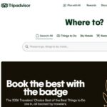 Tripadvisor webpage showing a planning tool with options for dates and travelers on the left. The main search section asks "Where to?" with various search options and the Tripadvisor AI Assistant