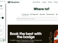 Tripadvisor webpage showing a planning tool with options for dates and travelers on the left. The main search section asks "Where to?" with various search options and the Tripadvisor AI Assistant