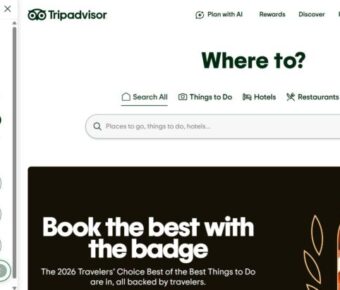 Tripadvisor webpage showing a planning tool with options for dates and travelers on the left. The main search section asks "Where to?" with various search options and the Tripadvisor AI Assistant
