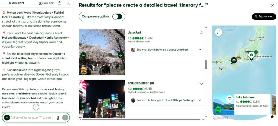 TripAdvisor AI Assistant screenshot of a trip-planning tool interface showing a travel itinerary for Japan. On the left, text recommendations highlight popular spots like Kyoto, Osaka, and Hakone. The center displays images of Ueno Park with cherry blossoms and Shibuya Center-gai at night. On the right, a map of Japan indicates locations like Lake Ashinoko. The tone is informative and visually engaging.