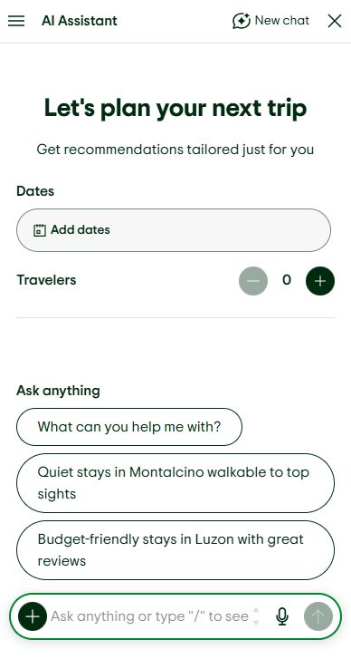TripAdvisor AI Assistant travel planning interface with options to add dates and number of travelers. Suggested prompts include quiet stays in Montalcino and budget stays