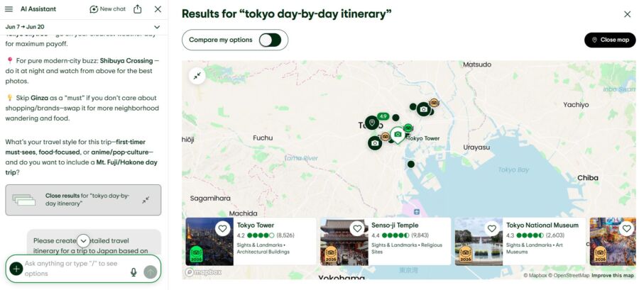 TripAdvisor AI Assistant with Map of Tokyo itinerary featuring landmarks like Tokyo Tower, Senso-ji Temple, and Tokyo National Museum with ratings and icons.