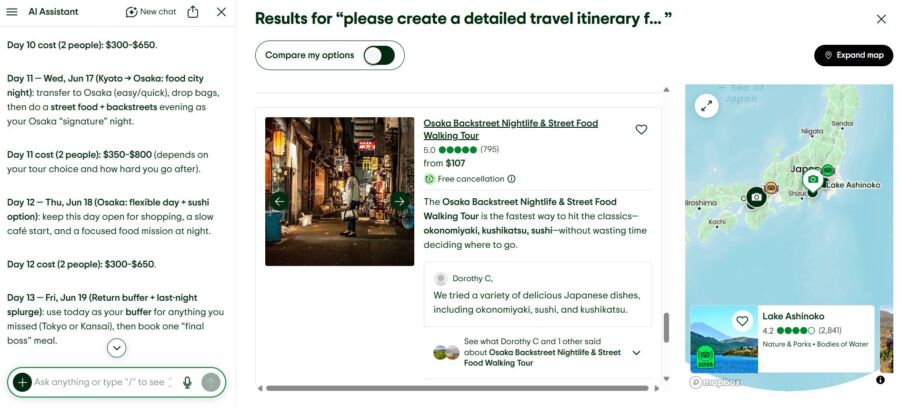 TripAdvisor AI Assistant itinerary planning interface for Japan on a website, displaying activities, prices, and a map. Highlights include a street food tour in Osaka.