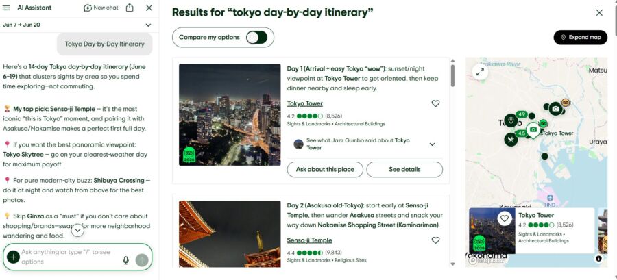 Screenshot of a TripAdvisor AI Assistant displaying a Tokyo day-by-day itinerary. The itinerary includes highlights like Tokyo Tower and Senso-ji Temple, with star ratings and reviews. A map on the right shows marked locations. The tone suggests excitement and exploration.