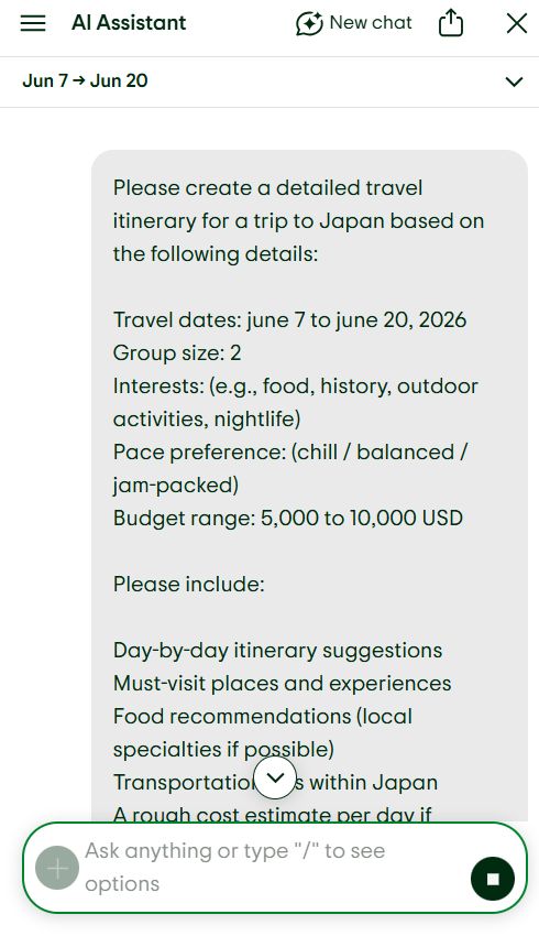 The TripAdvisor AI Assistant interface presents travel information, including flight details, hotel bookings, and local attractions.