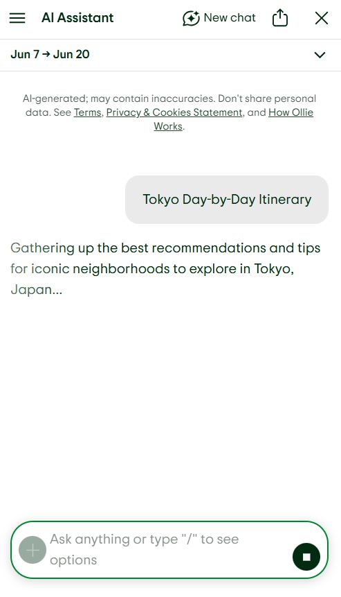 Screenshot of a TripAdvisor AI Assistant chat interface titled "Tokyo Day-by-Day Itinerary." It offers tips for exploring iconic Tokyo neighborhoods. A text input box is at the bottom.