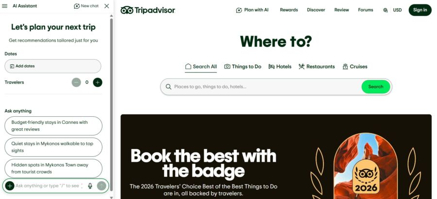 Tripadvisor webpage showing a planning tool with options for dates and travelers on the left. The main search section asks "Where to?" with various search options and the Tripadvisor AI Assistant
