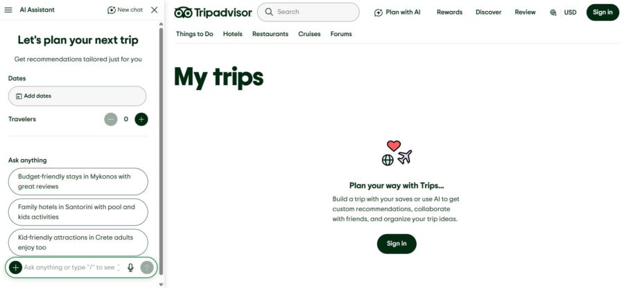 Tripadvisor page with “My trips” section. Left panel offers trip planning with AI, including date and traveler input. Right side features a sign-in prompt.