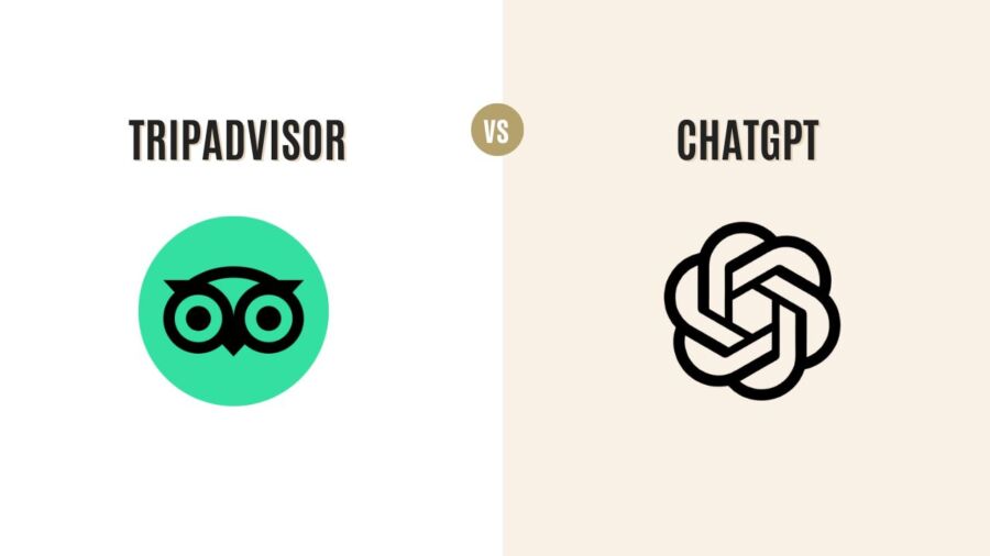 Split image showing TripAdvisor's green owl logo on the left and ChatGPT's abstract black design on the right, with "vs" in the center.